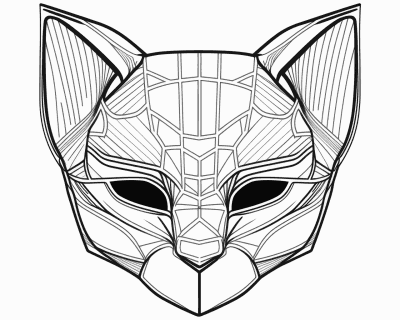 Színező egy geometrikus, hegyes fülű macskamaszkkal és sötét szemnyílásokkal